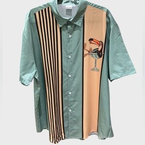 Men’s Cuban Collar Shirt XXL Sage Tan Martini Graphic Retro Camp Vacation